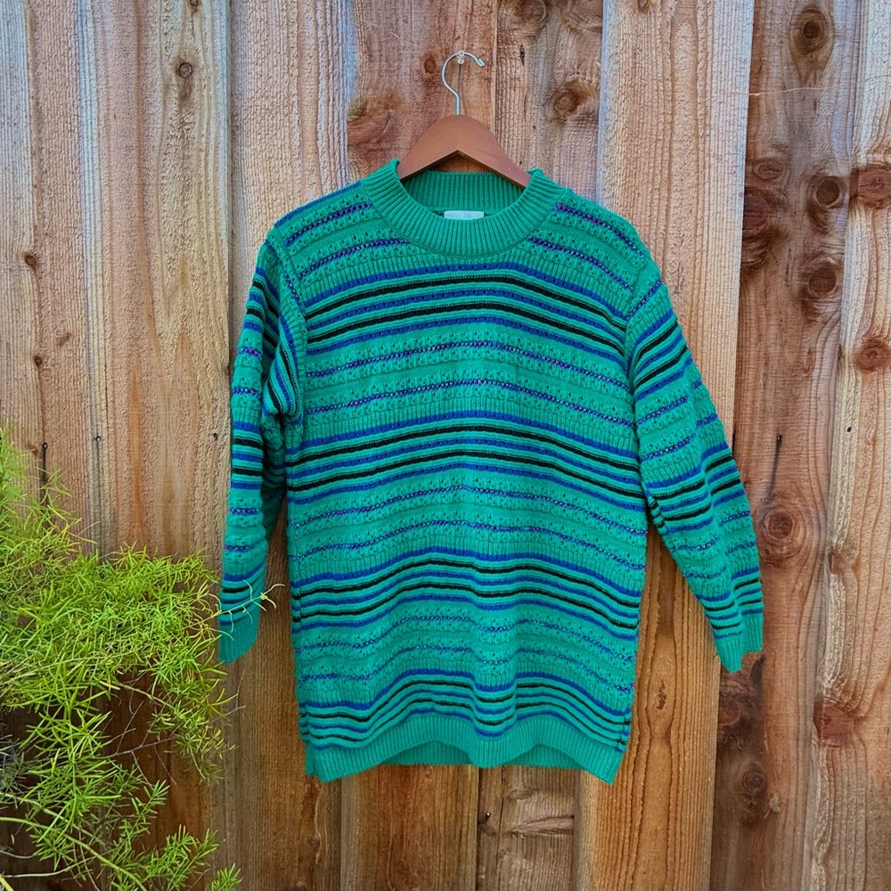 Vintage Striped Bright Green and Teal Grandpa Sweater 🌿